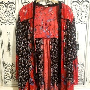 Boho vintage patchwork long flowy red velvet trim top M